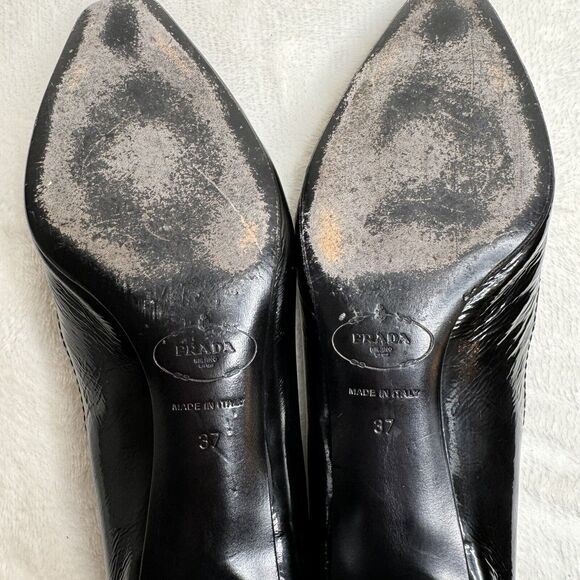 Prada Womens Shoes Black Patent Leather Kitten Block Heels Chain Link Chic 37 - Picture 13 of 15